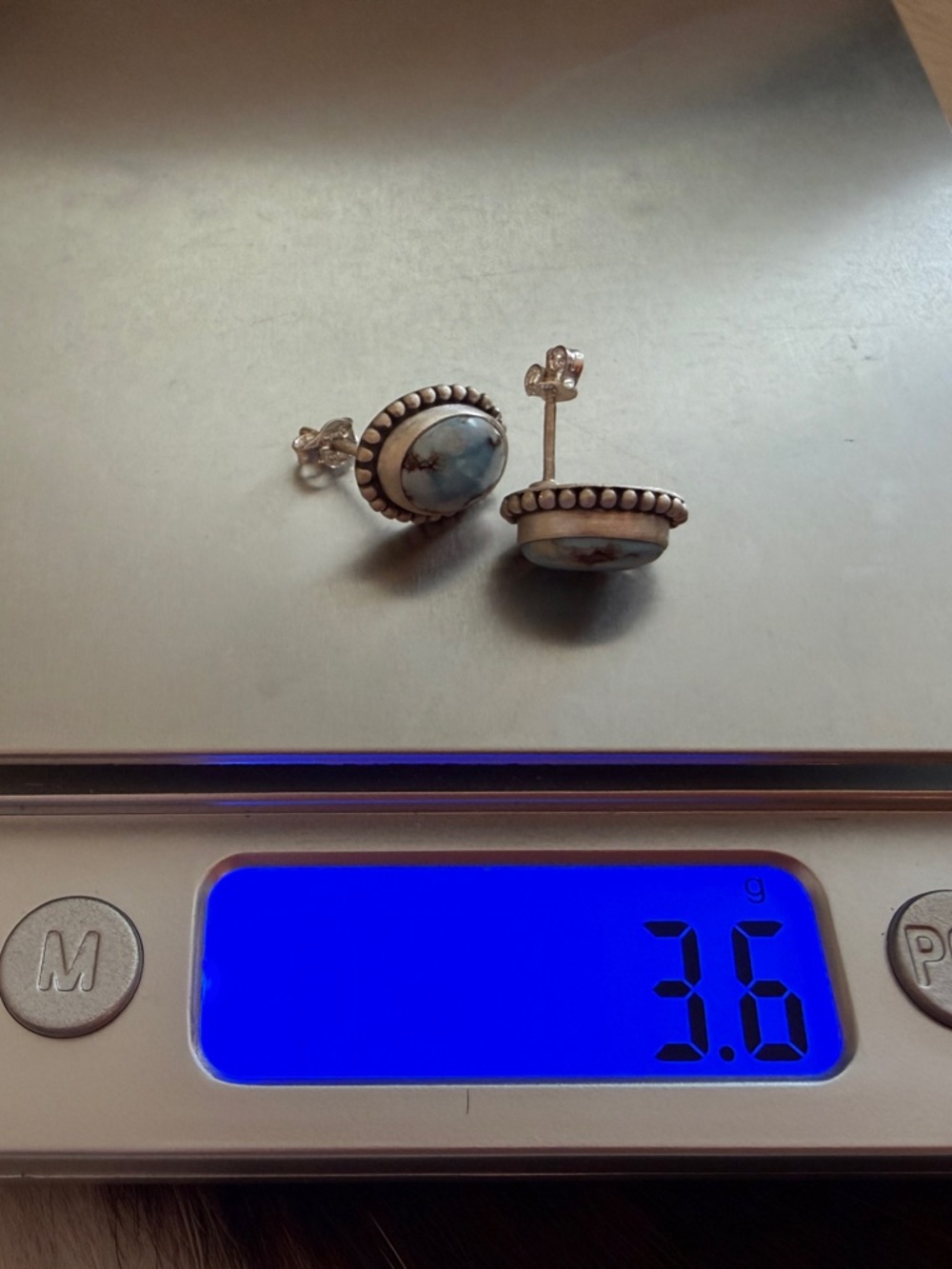❤️ Golden Hills Turquoise Navajo Style Matte Sterling Silver Stud Earrings .52”L - Picture 13 of 16
